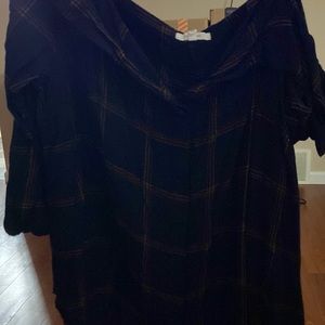 Blue with orange striped shirt with open shoulder long sleeve